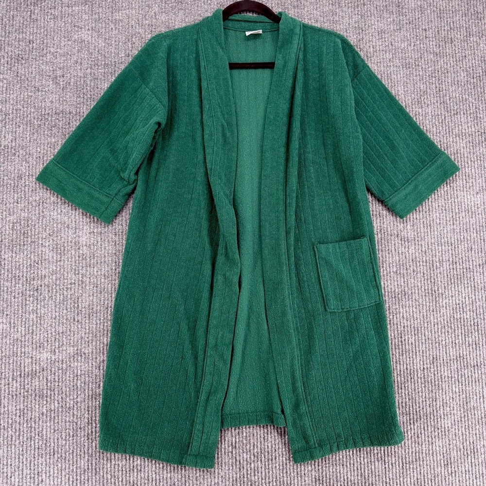 Vintage Le Tigre women's green terry robe‎ cardigan short sleeve pocket L 12/14